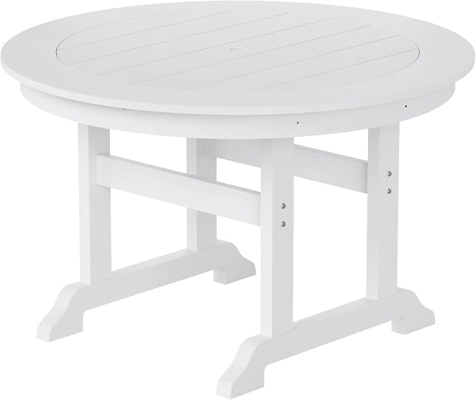 WestinTrends Malibu Patio Dining Table, All Weather Poly Lumber Adirondack 47" Trestle Round Outdoor Table with Umbrella Hole, White