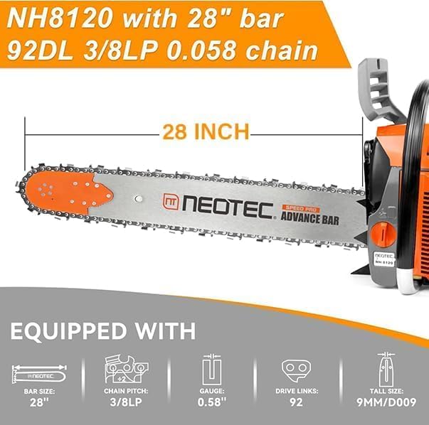 NEO-TEC NH8120 Chainsaw Gas 120cc Gas Powered Chainsaw with 28 Inch Bar, 8.4hp 6.2kw Big Large 2-cycle Motosierra De Gasolina for Extreme Logging Cutting, All Parts Fit for Husqvarna 3120 Xp