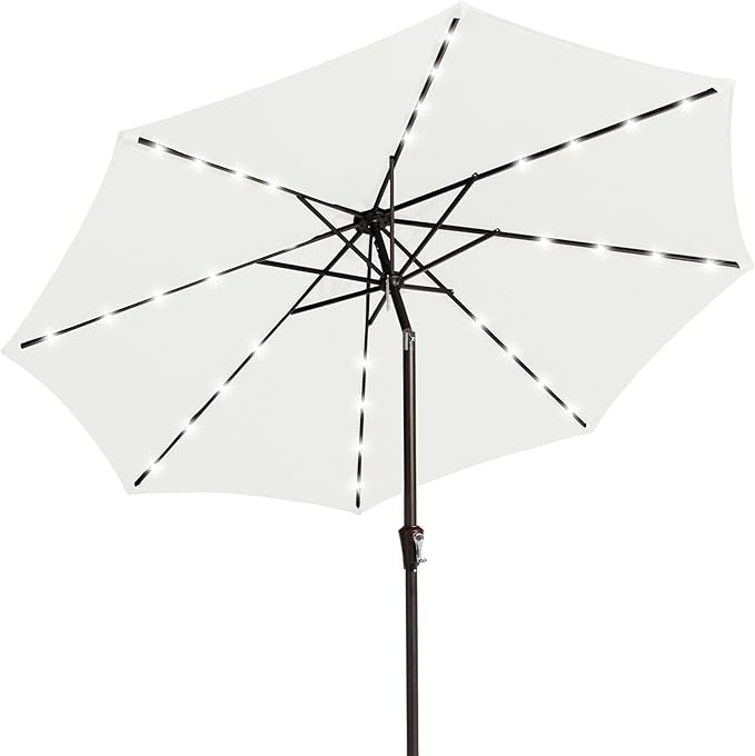 JEAREY 9FT Outdoor Patio Umbrella with Solar Lights, LED Lighted Pool Umbrella with Tilt and Crank, Outdoor Table Umbrellas for Deck, Yard & Market (Off White)