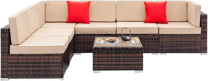 7 Pieces Outdoor Patio Furniture Set Rattan Sofa Brown Wicker Patio Conversation Set with Cushions,Outdoor Patio Furniture Sets, Outdoor Couch, Sofa Patio Sets for Yard Balcony Poolside w/Coffee Table