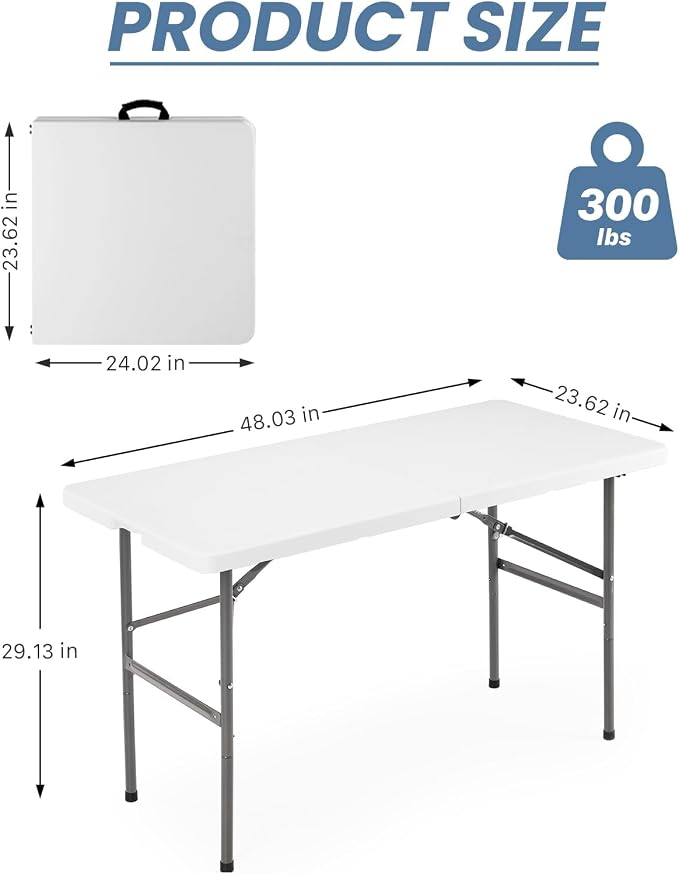 DUMOS 4 FT Folding Picnic Table Simple to Fold and Keep, 3.8 FT Foldable Table for Camping Dining Party Kitchen Picnic Outdoor Indoor with Carrying Handle
