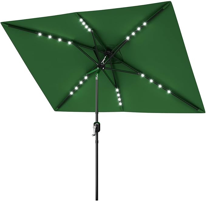 Garvee 10' x 6.5' Solar Rectangular Patio Umbrella with Lights, Outdoor Table Umbrella with Crank and Push Button Tilt, Market Umbrella with 6 Sturdy Ribs Tilt for Garden, Deck, Lawn, Pool