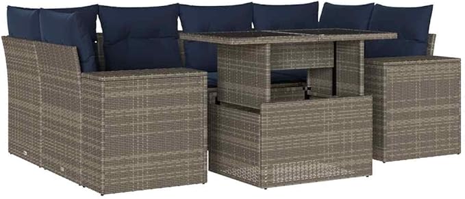 vidaXL Patio Sofa Set with Cushions 7 Piece, Conversation Set with Table and Sectional Sofas, Outdoor Seat for Garden, Modern, Gray Poly Rattan