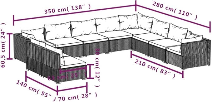10 Piece Patio Lounge Set with Cushion, Patio Lounge Set Piece Patio Set Outdoor Patio Sectional Furniture Conversation Sets s Brown Poly Rattan