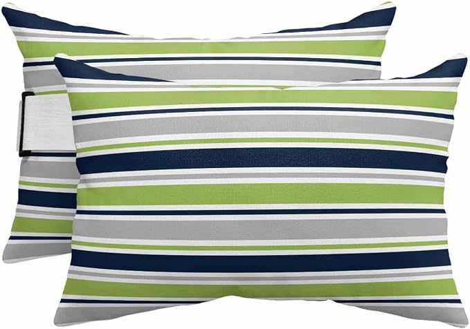 Pack of 4 Outdoor Lumbar Pillow Covers 11x16 Inch, Green Gray Striped Waterproof Throw Pillow Covers Set, Farmhouse Stripes Modern Abstract Art Outside Decorative Cushion Cases for Patio Porch Car