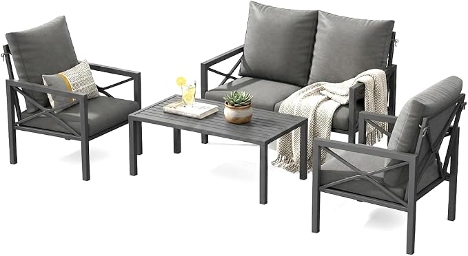 4 Piece Outdoor Patio Furniture Sets, Heavy Duty Metal Conversation Set with Thick Cushions, All-Weather Outside Sectional Sofa with Coffee Table for Backyard, Poolside, Grey