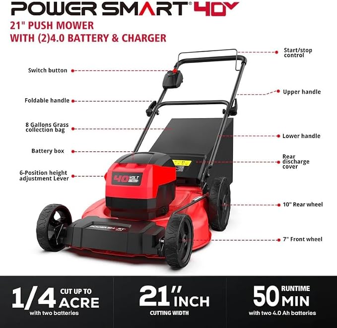 PowerSmart 40V 21" Cordless Electric Lawn Mower, Mulching & Bagging, Brushless Motor, 6-Position Height Adjustment, Foldable for Storage, 2x4.0Ah Batteries & Charger Included for Garden, Patio, Yard