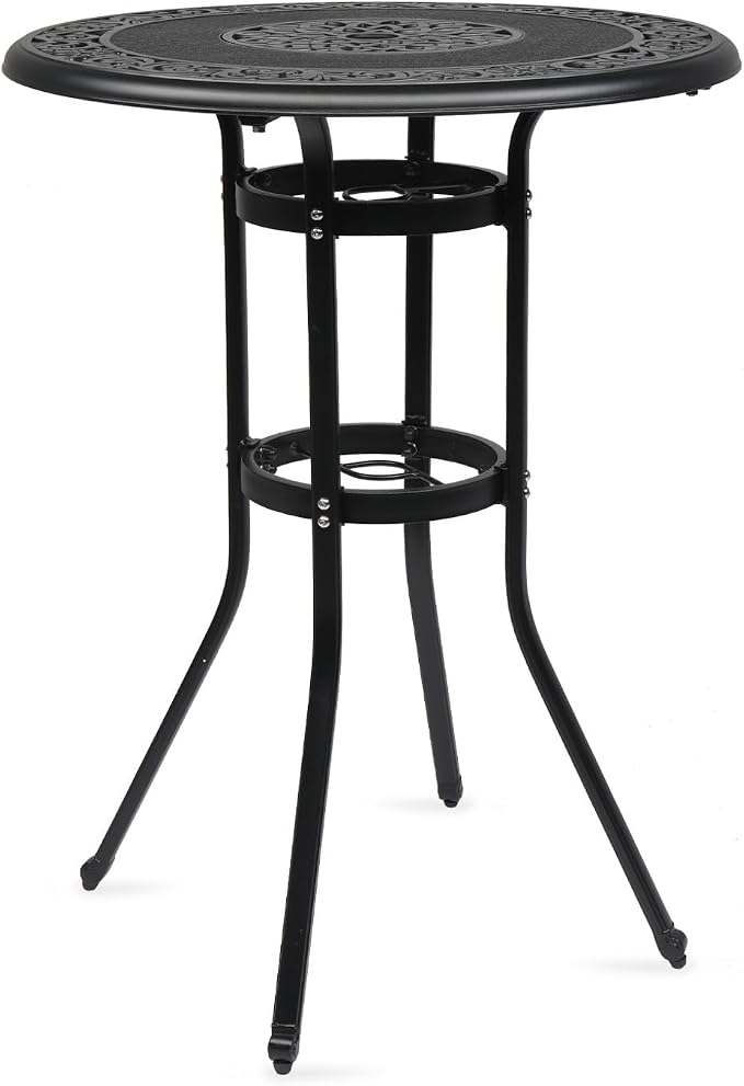Cast Aluminum Outdoor Patio Bar Tables, Outdoor Frosted Surface Round Bar Height Bistro Table - 41"" Pub Height, Black