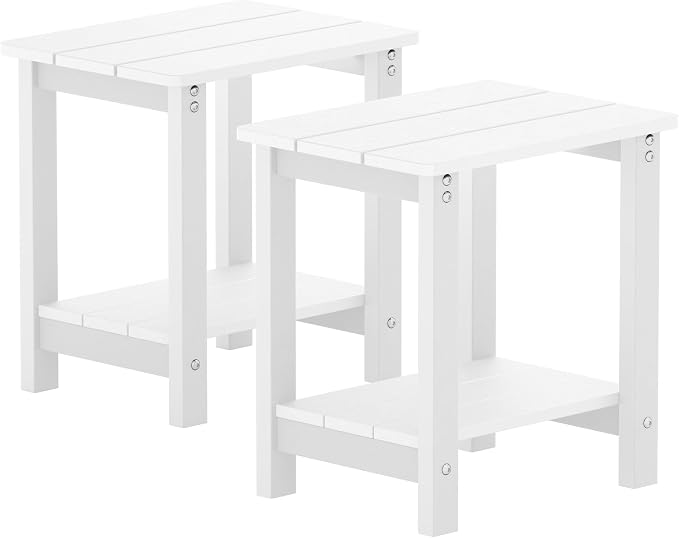 MXIMU Outdoor Side Table Set of 2: Heavy-Duty Sturdy Warp Resistant Adirondack Table - Wood Grain Finish Outdoor End Tables - Easy Assembly & Low Maintenance Patio Side Table White