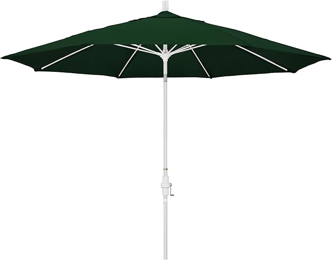 California Umbrella 11Ft Fiberglass Rib Patio Umbrella, Hand-Crank, Tilt-Collar, White Frame, Solution Dyed Hunter Green Fabric
