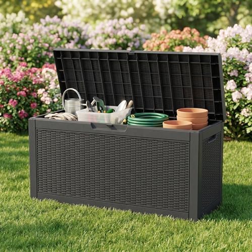 60 Gallon Deck Box, Waterproof Resin Outdoor Storage Box with Lockable Lid, Patio Storage Box Featuring Fade Resistant for Patio Furniture Cushions, Pool Accessories, Garden Tools, Black