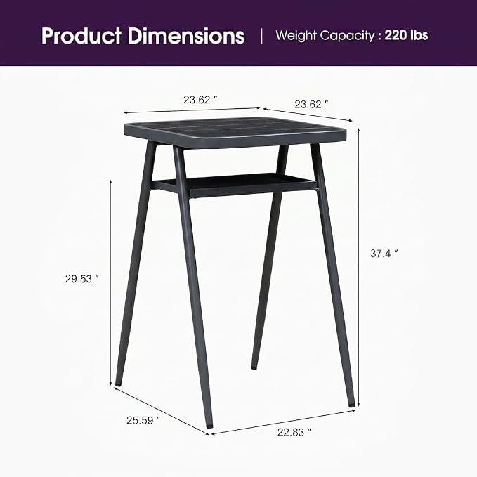 PURPLE LEAF Outdoor Aluminum Counter Height Bistro Stool Table with Waterproof Top for Balcony Dark Grey