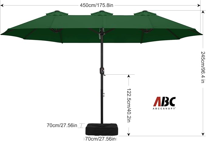 ABCCANOPY 15FT Patio Umbrella with Base, Outdoor Double-Sided Rectangle Umbrella Bonus Latch, Wights for Poolside, Lawn, Backyard (Green)