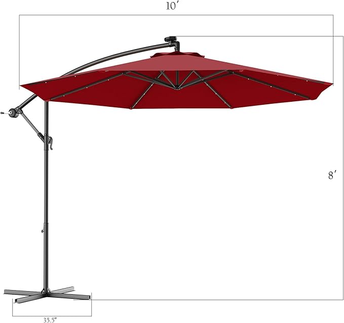 Tangkula 10FT Outdoor Patio Umbrella Solar LED Lighted Sun Shade Market Umbrella with Hanging Cover and Cross Base (Burgundy)