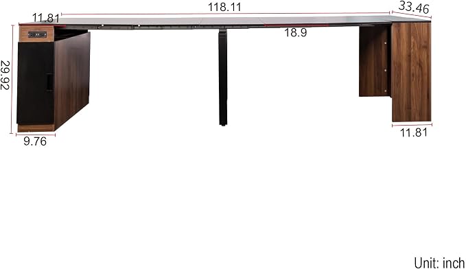 23.62”-118.11” Extendable Dining Room Table, 1-10 People Wood Long Foldable Tables with Storage Cabinet & Outlet, Space Saving Expanding Table with for Kitchen, Living Room, Walnut Black