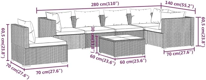 7 Piece Patio Lounge Set with Cushion, Outdoor Patio Sectional Furniture Conversation Sets Patio Lounge Set Piece Patio Set s Poly Rattan Brown