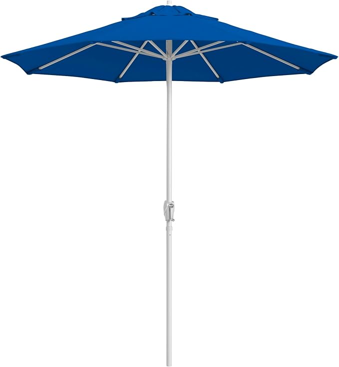 California Umbrella 8-Year Protection 7.5 Ft Outdoor Patio Umbrella, Solstice Fade-Resistant Fabric, Auto-Tilt, Heavy Duty Aluminum Frame, 8 Reinforced Ribs for Pool or Deck, White Pole, Royal Blue