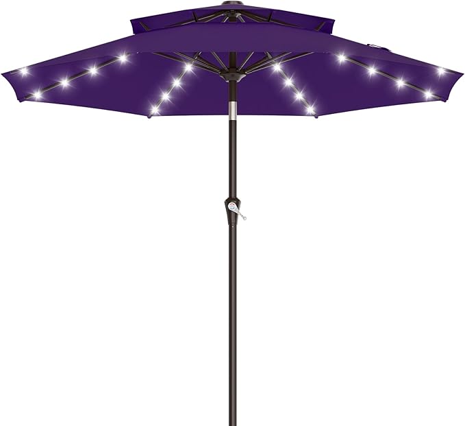 AreShark 9ft 2 Tiers Patio Umbrella with Solar Lights, Outdoor Umbrella w/ 32 LED Lights&8 Sturdy Ribs, Table Umbrella for Deck, Backyard, Pool(Dark Purple)