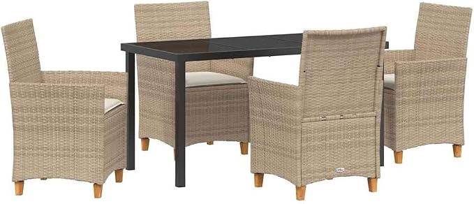 5 Piece Garden Dining Set, Weather-Resistant Poly Rattan Patio Furniture with Glass Tabletop and 4 Chairs for Outdoor Backyard Deck, Beige