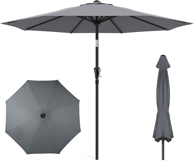 HOMSHADE 9ft Outdoor Patio Umbrella - UPF50+ UV Protection Market Patio Table Umbrella with Push Button Tilt, Crank and 8 Sturdy Ribs for Pool Deck and Garden (Grey, No base)
