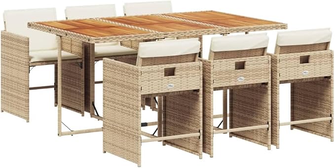 7 Piece Patio Dining Set with Cushions Beige Poly Rattan Outdoor Table and Chairs Folding Space Saving UV Proof Garden Furniture Set for Backyard Deck Lawn Entertaining