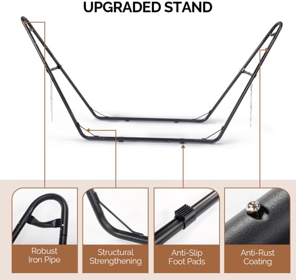 Double Hammock with Steel Stand, Quilted Pad and Pillow Included | Adjustable Steel Chain, Removable Quilted Pad, Wooden Spreader Bar, Indoor & Outdoor Use, 2-Person Capacity