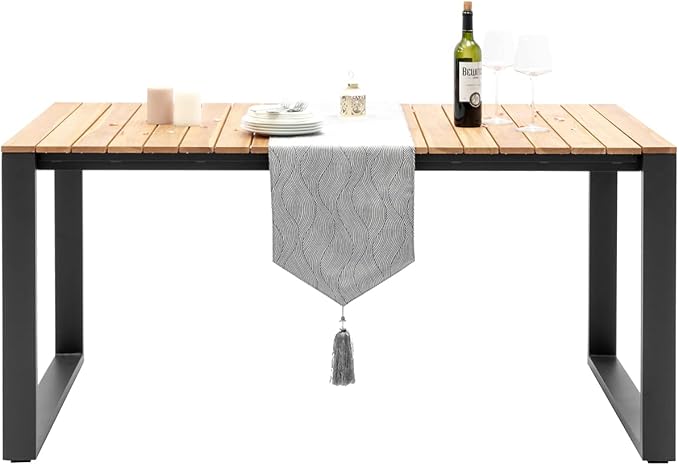 Outdoor Patio Dining Table 63" Rectangular Dining Table Aluminum Frame with Teak Wood Look Outdoor Rectangle Tables for 4-6 Person,Grey Frame