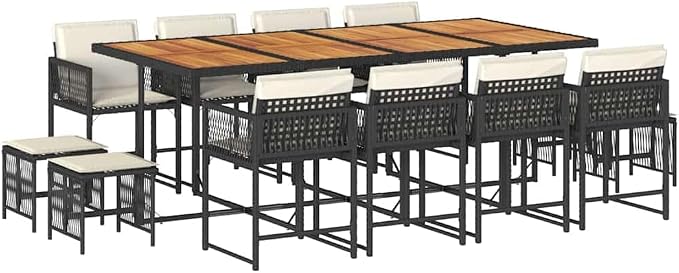 12-Seater Garden Dining Set Black PE Rattan Outdoor Table and Chairs Foldable Patio Furniture Set with Acacia Wood Top for Backyard Terrace and Deck