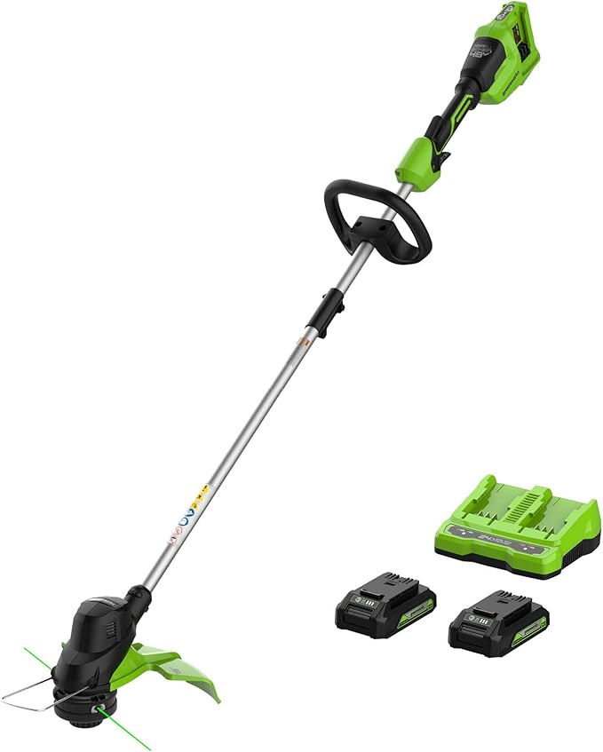Greenworks 48V (2 x 24V) 15” TORQDRIVE String Trimmer, 0.080" Trimmer Line, (2) 2Ah USB Batteries and Dual Port Charger