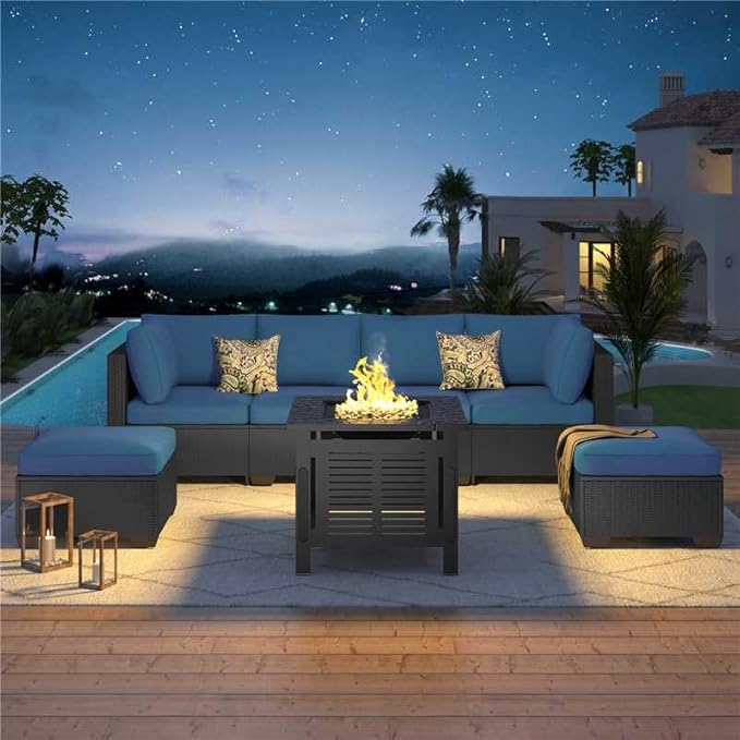 U-MAX 7 Piece Outdoor Patio Furniture Set with 30 Inch Fire Pit Table, PE Rattan Wicker Sofa Set, Outdoor Sectional Furniture Chair Set with Cushions and Tea Table, Black Rattan&Dark Blue Cushion