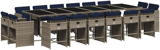17 Piece Garden Dining Set with Cushions Grey Poly Rattan Outdoor Patio Furniture Set for Backyard, Tempered Glass Table, 16 Folding Chairs, Removable Washable Covers, UV Resistant, 110 kg Capacity