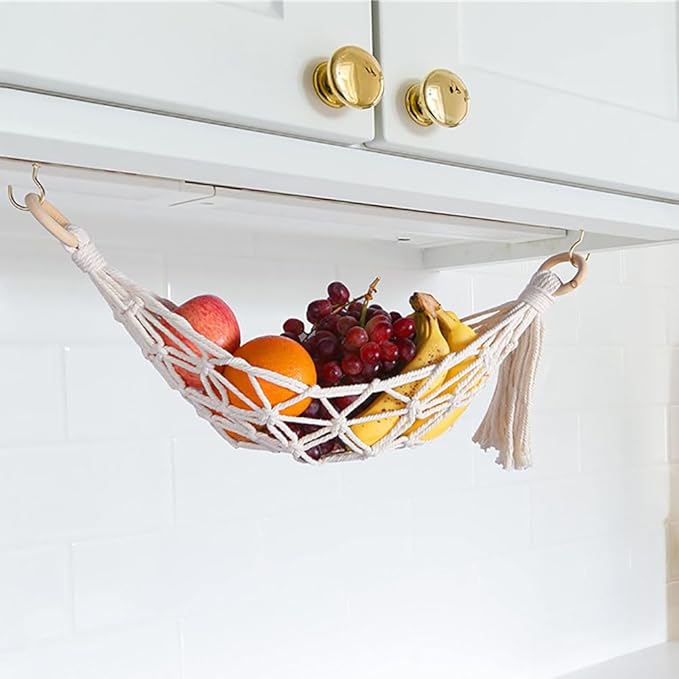 22 Inches Hanging Fruit Hammock Fruit Vegetable Hanger Basket Fruit Holder Net Banana Storage Hammock with 2 Pcs Screw Hooks for Kitchen Under Cabinet