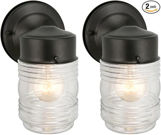Design House Jelly Jar Wall Light, Indoor/Outdoor, Clear Ribbed Glass, Dimmable, Matte Black, Wall Mount Sconce Fixture, 4.5 in W x 7.5in H x 5.25 in D, 502195 (Pack of 2)