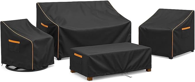 Outdoor Furniture Cover Waterproof, 4-Piece Outdoor Patio Furniture Cover Set, 600D Heavy Duty Protection Patio Loveseat Swivel Rocker Chairs and Coffee Table Garden Protective Furniture Set, Black