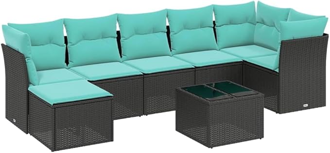 vidaXL Patio Sofa Set with Cushions 8 Piece, Outdoor Conversation Set, Sectional Sofa for Balcony Garden, Modern Style, Black Poly Rattan