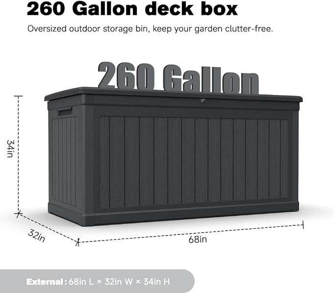 Saiveina 260 Gallon Large Outdoor Storage XXL Deck Box for Patio Furniture, Outdoor Cushions, Garden Tools and Sports/Pools Equipment, Waterproof Resin, Lockable, Black