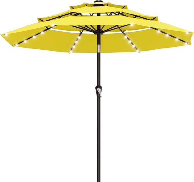 AreShark 9ft 3 Tiers Patio Umbrella with Solar Lights, Outdoor Umbrella w/ 32 LED Lights&8 Sturdy Ribs, Table Umbrella for Deck, Backyard, Pool (Yellow)
