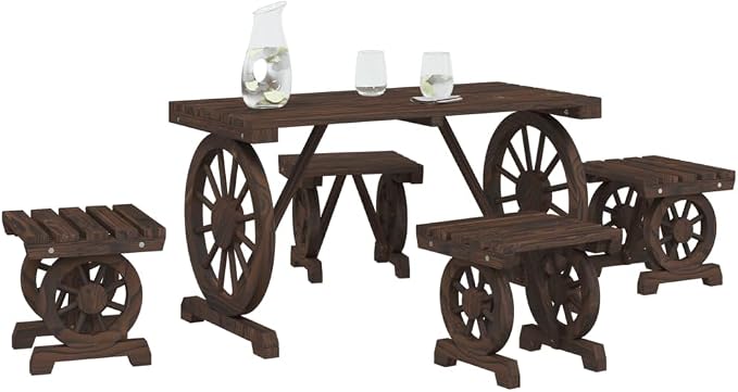 5-Piece Burnt Fir Wood Patio Dining Set with Wagon Wheel Design | Features 1 round table and 4 matching stools, providing rustic outdoor seating for backyard, garden, or porch.