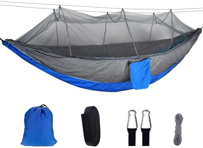 Swing Set Camping Hammock with Net, Lightweight Parachute, Outdoor Nylon Net Hammock Camping Swing Seat (Color : Sky Blue Pink)