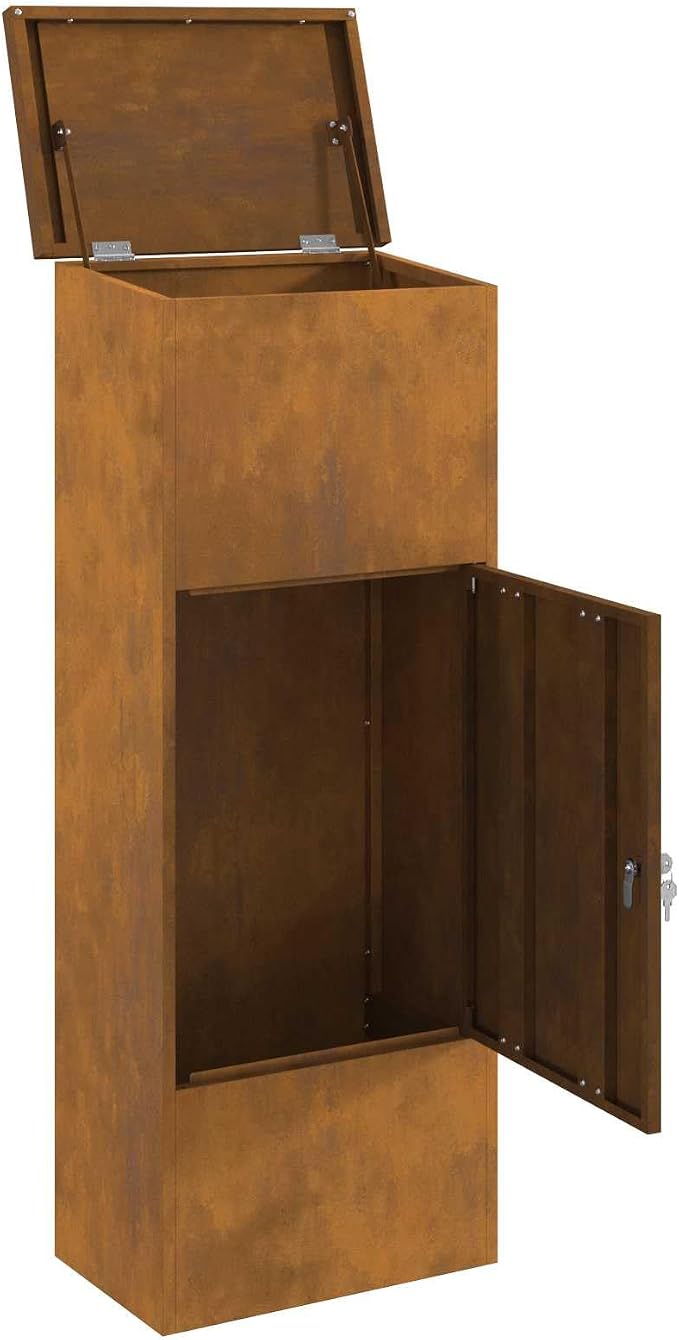Weathering Steel Parcel Drop Box, Large Secure Delivery Mailbox for Porch, Weather-Resistant Outdoor Package Lock Box, 17.52 x 11.42 x 43.50 in