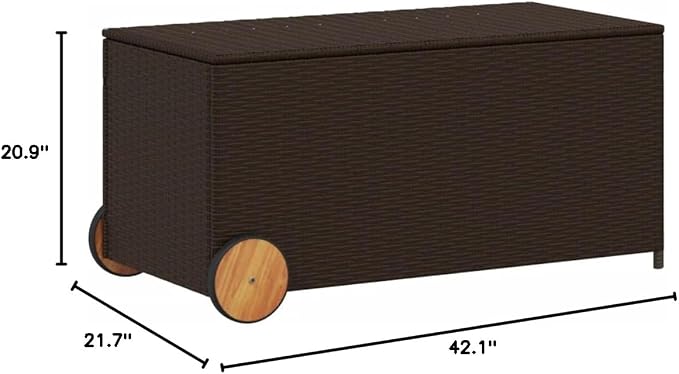 Outdoor Garden Storage Box with Wheels, Wicker Patio Deck Box, Outdoor Rattan Storage Container, Brown 50.2 Gal Poly Rattan