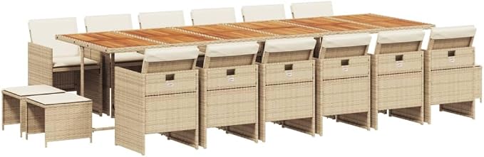 16-Piece Outdoor Dining Set, PE Rattan Patio Furniture with Acacia Wood Table, 12 Foldable Chairs and 12 Stools for Backyard, Garden, and Terrace