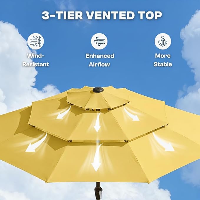 10ft 3-Tier Patio Umbrella with 32 Solar Powered LED Lights, Windproof Outdoor Market Umbrella for Deck, Poolside & Garden, Sturdy Push-Button Tilt Table Umbrella, Yellow