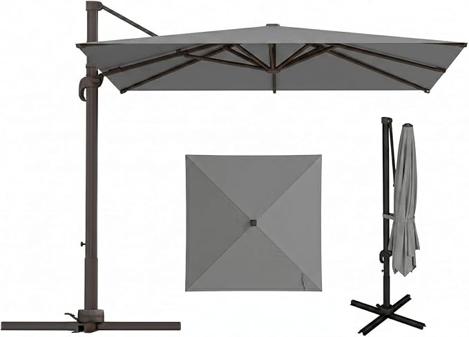 10'×10' Patio Umbrella, Aluminum Cantilever Umbrella with 360°Rotation, Offset Patio Umbrella with Easy Tilt Fade Resistance for Pool Deck Backyard, Charcoal (Base not Included)