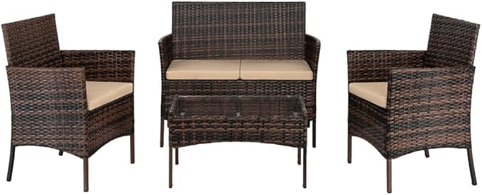 4 PCS Patio Furniture Sets, Outdoor Rattan Sofa Chair Set, Conversation Set, Porch Balcony Garden Furniture Bistro Sofa Set, Outdoor Patio Couch Wicker Sofa - Rattan Sofa for Outside Patio Garden