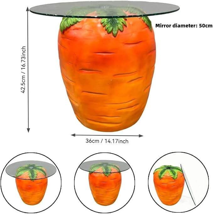 Carrot Shaped Side Table with Glass Top Resin Fruit Stool Novelty End Table for Living Room Bedroom Patio Garden, Outdoor Indoor Accent Table