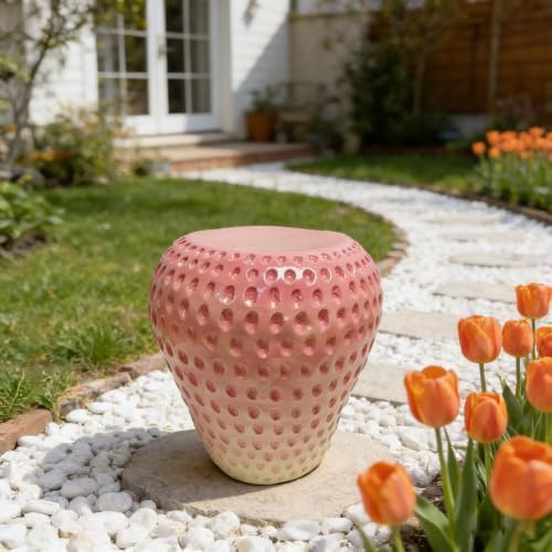 13.4" Strawberry Shaped Resin Stool, Multifunctional Side Table Plant Stand, Creative Indoor Outdoor Garden Home Decor Furniture (Pink Strawberry)