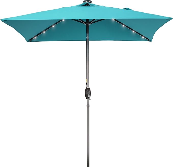 Square Patio Umbrella With Solar Lights, 6.5x6.5ft Square Umbrella Outdoor Patio with Tilt and Crank for Pool, Deck, Garden,Backyard