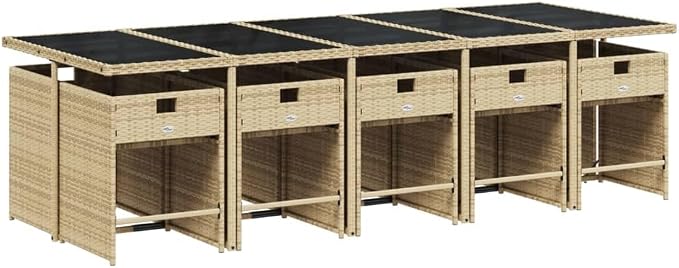 11-Piece Patio Dining Set with Cream Cushions Beige Poly Rattan Outdoor Furniture Set for Garden Backyard Balcony Porch