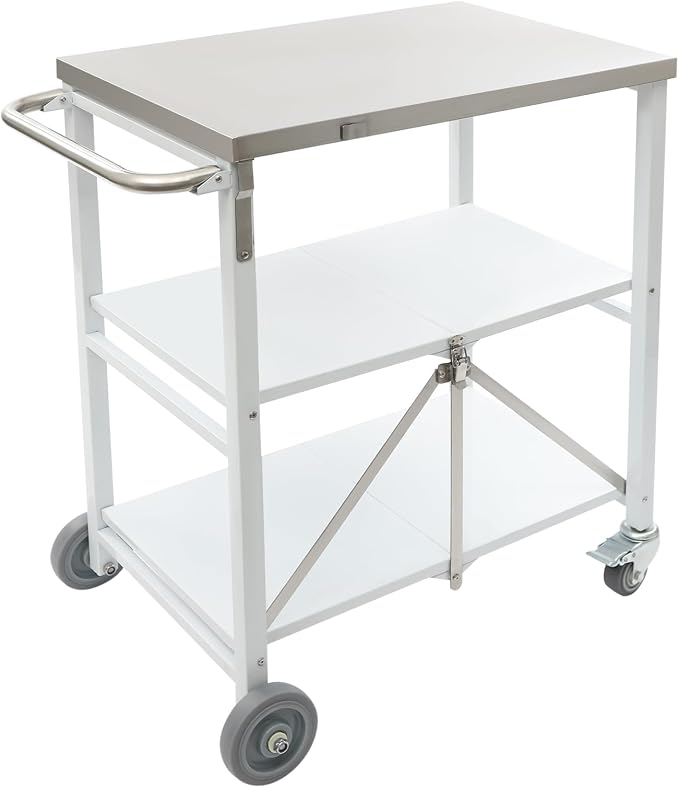 Foldable Outdoor Grill Table with 2 Total Lock Casters, Stainless Steel Pizza Oven Stand, 3 Shelf Folding Kitchen Island, Green, 27.6 x 18.5 (Silver, White, Grey)